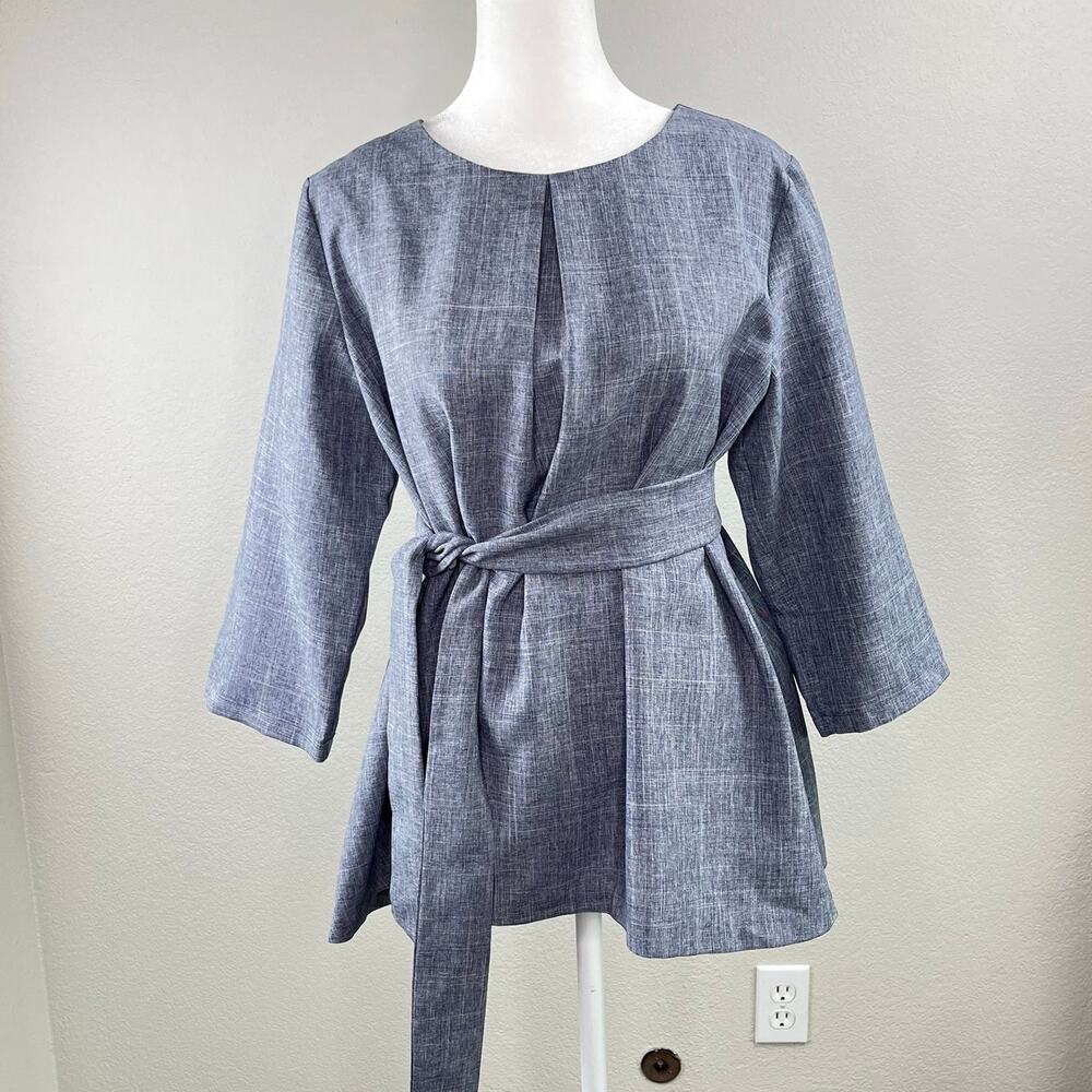 Rebecca Tatti Grey Textured Linen Blend Pleated Keyhole Peplum Top Blouse L NWT